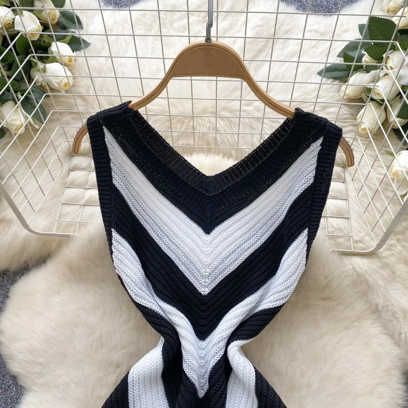 Joskaa 2025 Women's Striped Patchwork Knitted V-Neck Sleeveless Bodycon Asymmetric Fringe Hem Dress Holiday Beach Streetwear