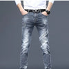 Fashion Printed Jeans Men's Korean Brand Embroidery Badge Pattern Youth Ripped Small Feet Teenagers Cowboy Pencil Pants