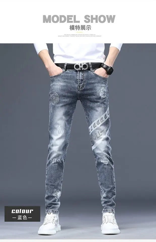 Fashion Printed Jeans Men's Korean Brand Embroidery Badge Pattern Youth Ripped Small Feet Teenagers Cowboy Pencil Pants