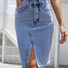 Women's Front Slit Blue Denim Skirt Pockets High Waist Slim Zipper Fly Midi Skirts 2023 Spring Female Casual Streetwear