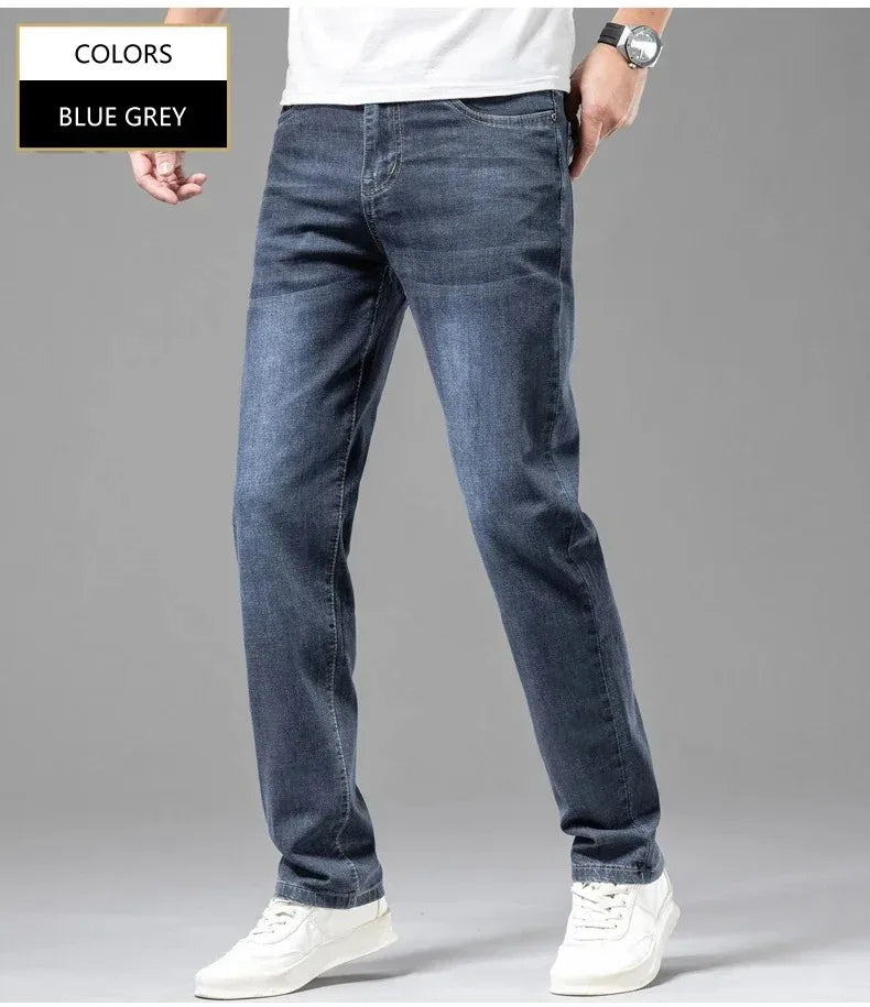 Sommer elastische Herrenjeans Mode Grau Bequeme Business Straight Stretch Baumwolle Casual Denim Hose Marke Männliche Dünne Hosen