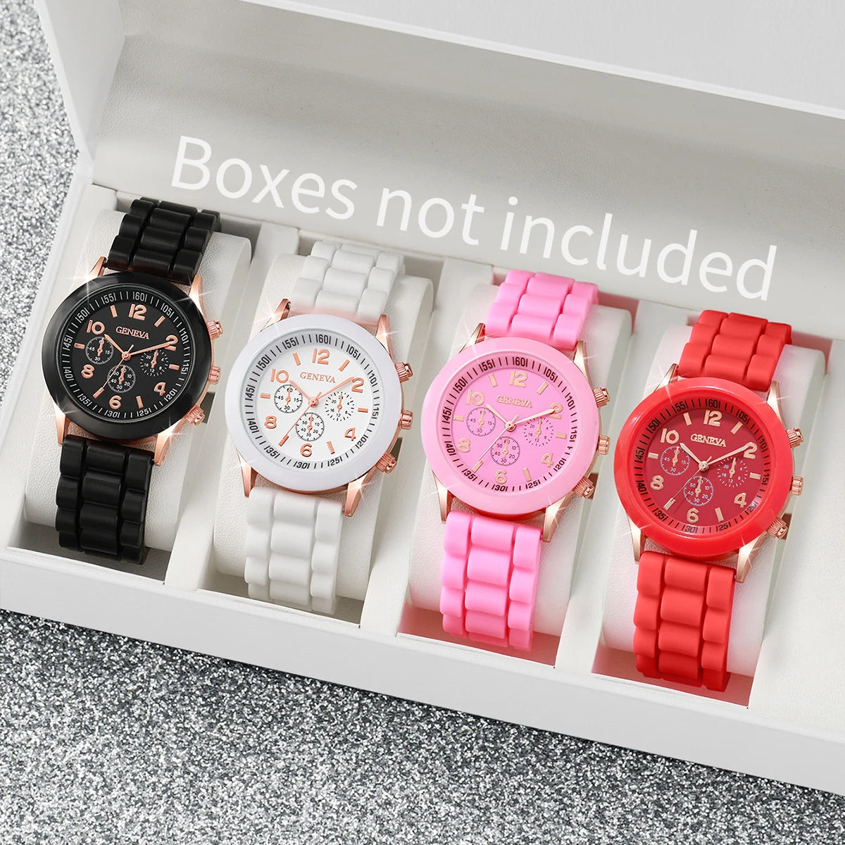 4er-Set Damen Silikonuhr Weiß, Pink, Rot, Schwarz Quarzuhr-Set