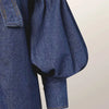 Gymystars Neue Trendige Imitation Jeans Blusenoberteile für Damen, lange Puffärmel, Schleifenverzierung, hoher Hals, Damen Herbsthemden