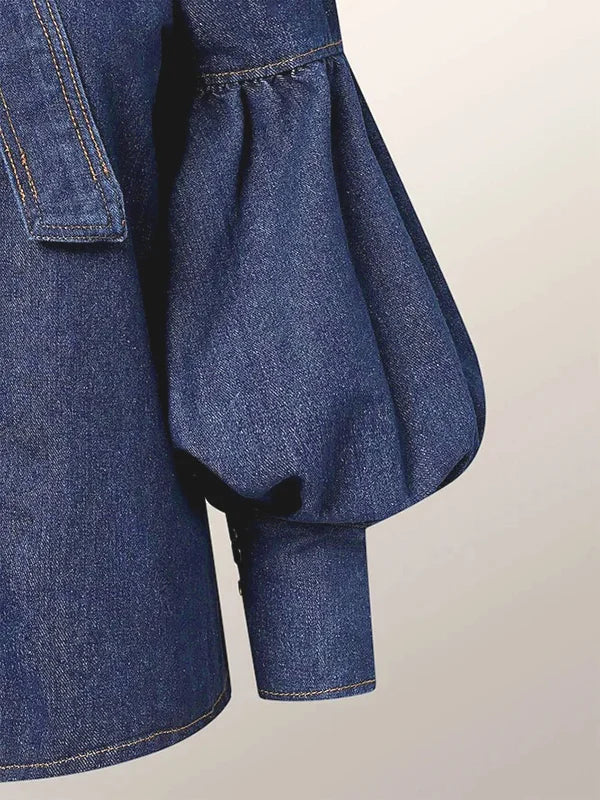 Gymystars Neue Trendige Imitation Jeans Blusenoberteile für Damen, lange Puffärmel, Schleifenverzierung, hoher Hals, Damen Herbsthemden