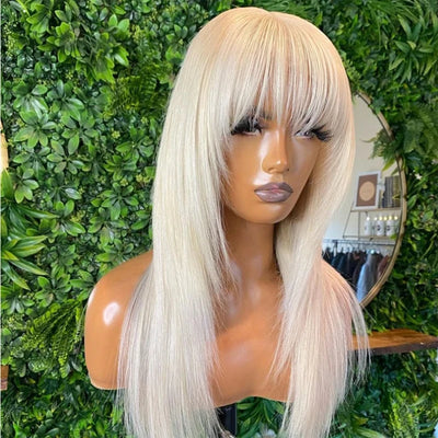 Soft 26Inch Blonde 613 Straight With Bangs 180%Density Preplucked Natural Hairline Glueless Lace Front Wig For Women Babyhair