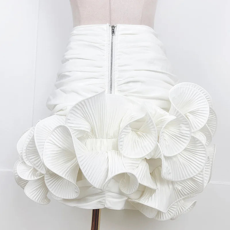 CM.YAYA 2024 Spring/Summer A-Line Women Skirt Satin Ruffles 3D Floral Decorations Night Club Party Hip-Wrapped Short Skirts