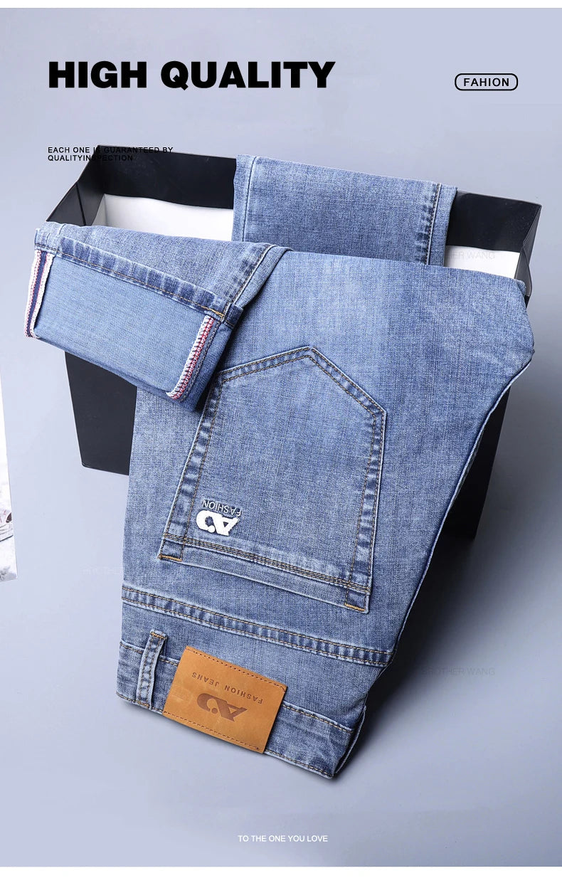 Frühlings Herren Hellblaue Slim Jeans Stylische Lässige Stretch Denim Hose Klassische Chinohose Rauchgrau