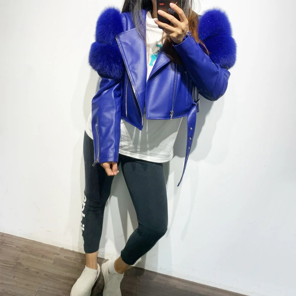 GO BALLISTIC YA Ladies' Genuine Leather Jacket with Fur Sleeve Women's Natural Lambskin Outfit