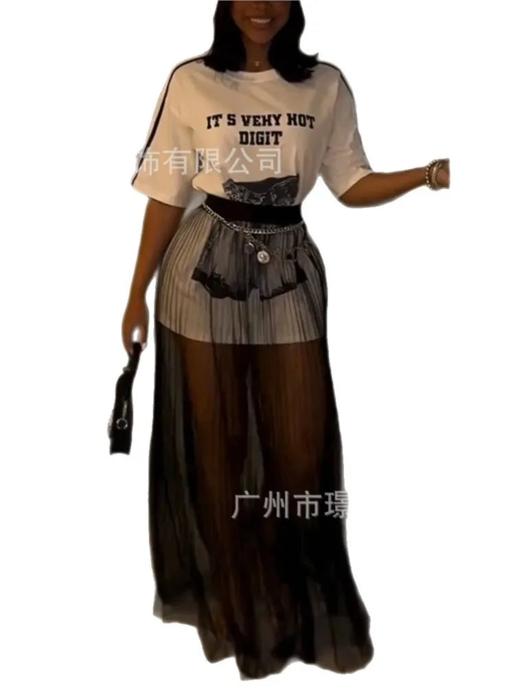Summer Women's O Neck Print Long T-shirt + Mesh Skirt Fashion Casual Two-piece Set Elegant Women Clothes 2 Pieces Set For Woman