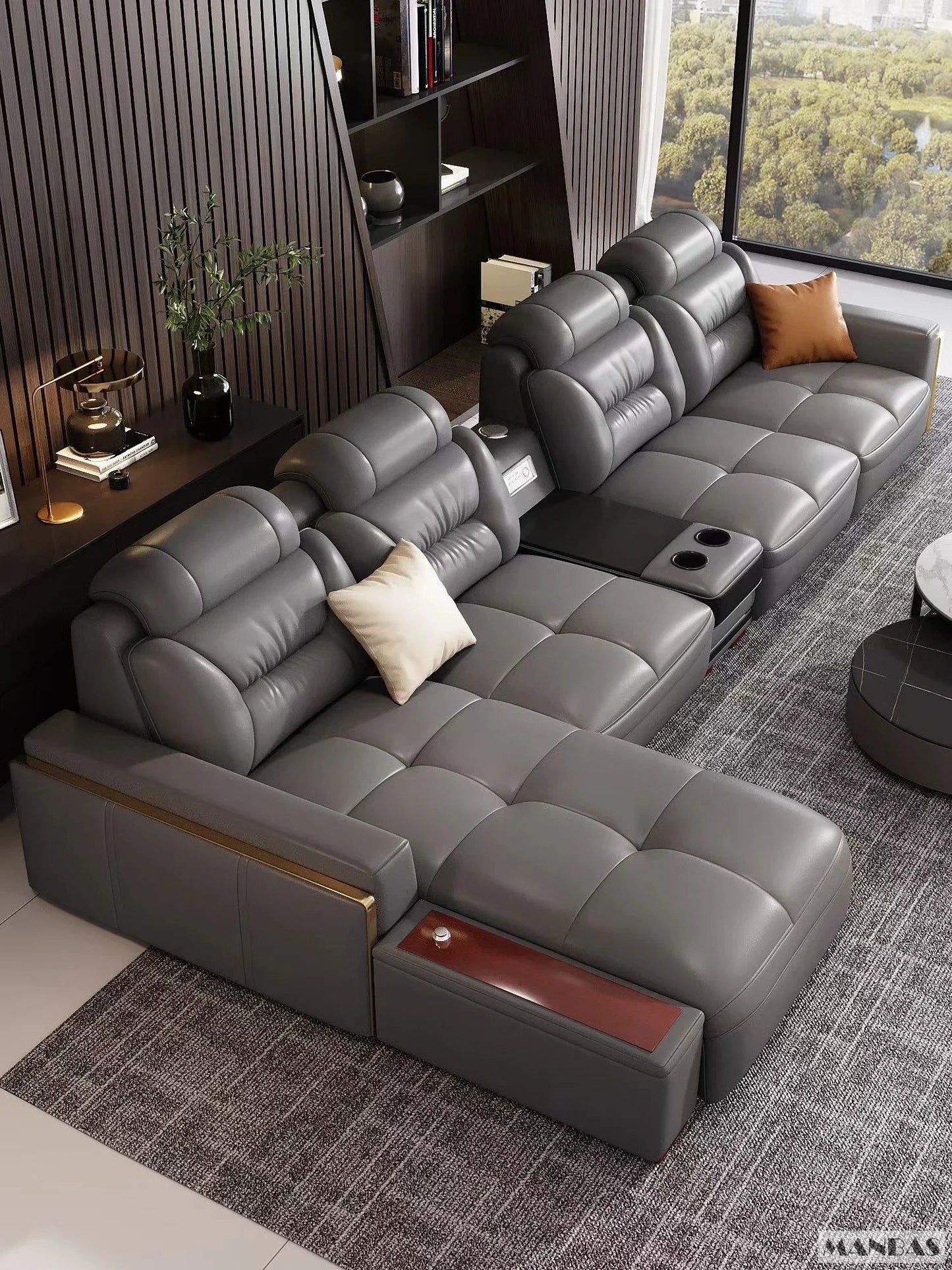Premium italienische Echtleder-Ecksofas Sofagarnituren mit USB und Bluetooth Lautsprecher – MANBAS Wohnzimmermöbel