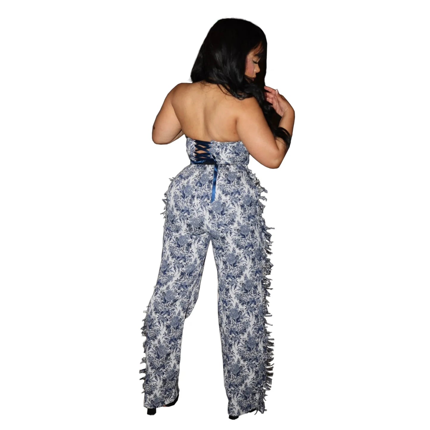 CM.YAYA Fashion Print Women's Set Strapless Top and Wide Leg tassel Pants Summer Cargo Street Two 2 Piece Set Outfit Tracksuit