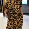 Summer Fashion V-Neck Button Lace-Up Jumpsuit Short Sleeve Loose Playsuit Overalls Women Elegant Leopard Print Pocket Rompers