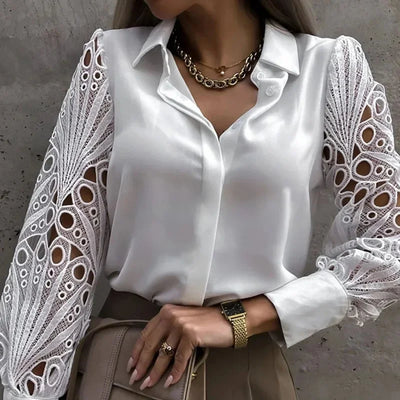Damenbluse Weiß unifarben elegant V-Ausschnitt Spitze Ärmel Cut-Out Patchwork Office Pendler Schwarzes Hemd für Damen