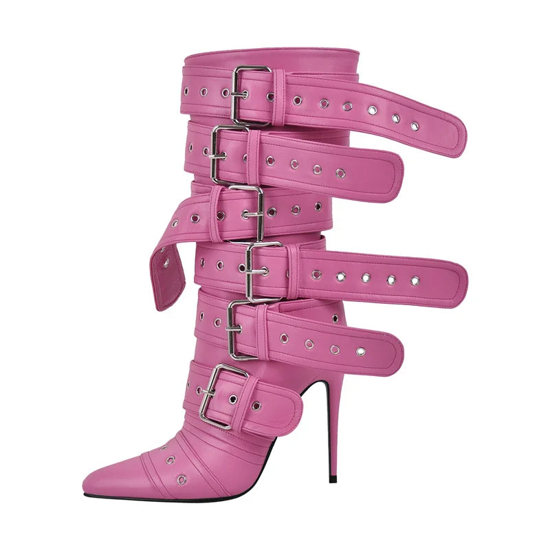 Onlymaker Women Pointed Toe Mid-Calf Boots Buckle Strap Thin High Heel Lady Zipper Female  Stiletto Boots
