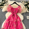 Elegant Slash Neck Vintage Short Puff Sleeve Chic Print Slim Chiffon Dresses French High Street Evening Autumn Mesh Clothing