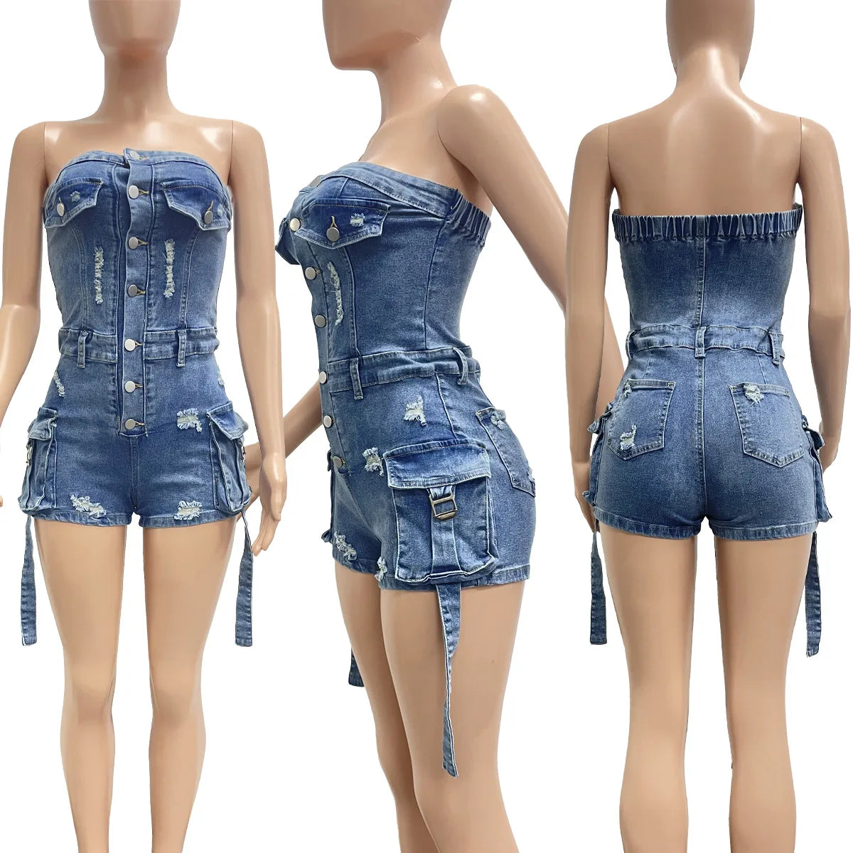 HLJ&GG Blauer sexy Denim Pocket Cargo Bodycon Romper Damen schulterfrei ärmellos rückenfrei schmaler Jumpsuit Fashion Cowboy Playsuit