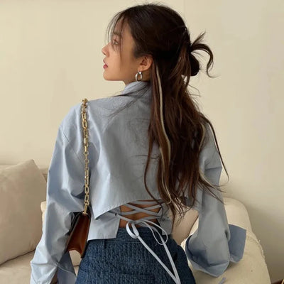 Gidyq Koreanisches Bandagenshirt Damen Mode Rückenfrei Sexy Bluse Büro Damen Casual Slim Chic Umlegekragen Langarm-Oberteile