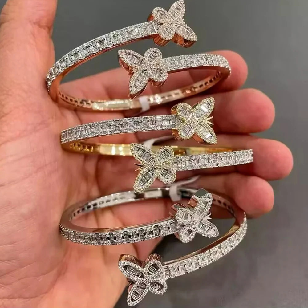 New Iced Out Bling Butterfly Heart Bracelet Silver Color CZ  Zircon Oval Charm Opened Bangle For Men Women Hiphop Luxury Jewelry