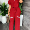 Elegant Women's Casual Short Sleeve T-shirt Sports Suit Summer Fashion Solid V Neck Short Top & Straight Pants Two Piece Sets