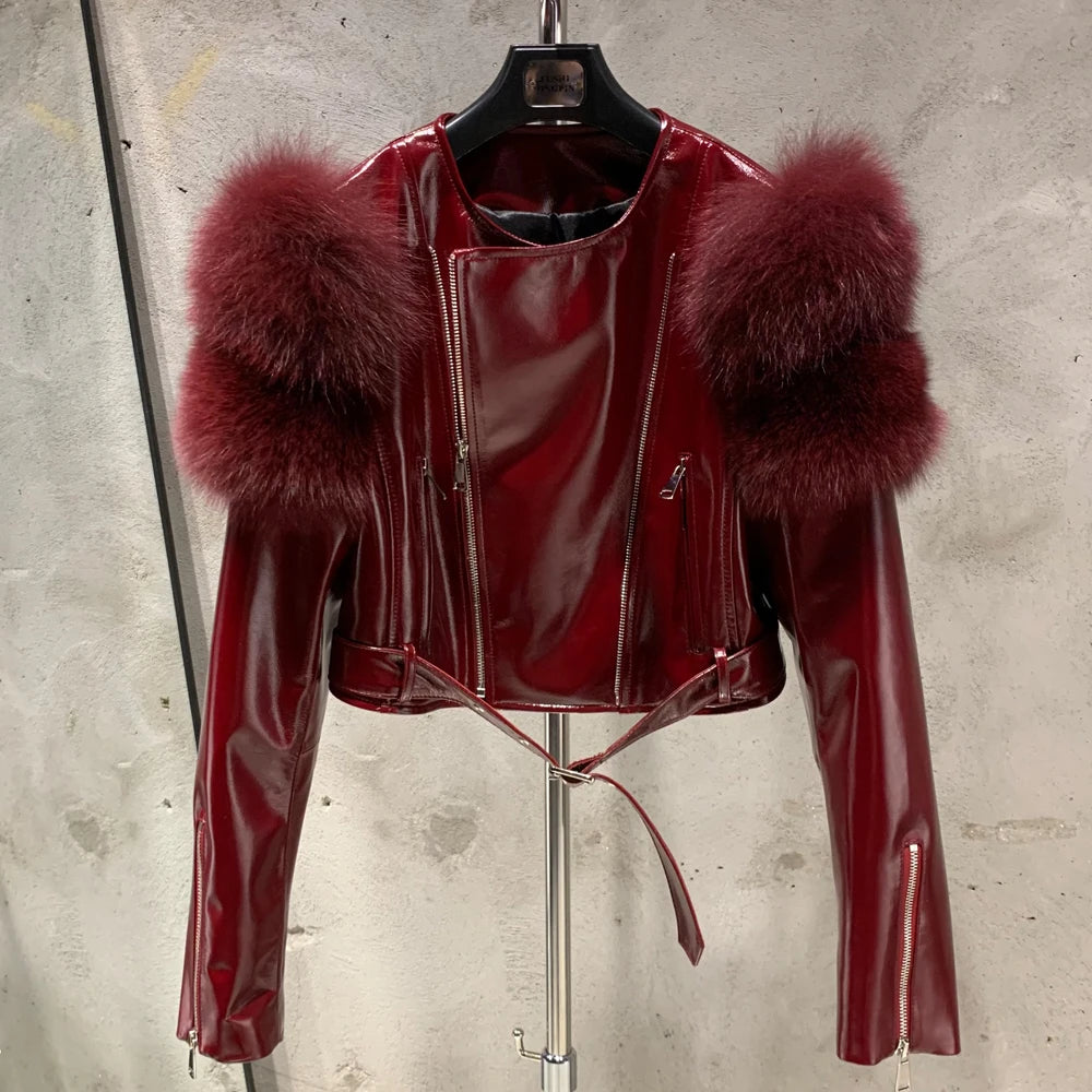 GO BALLISTIC YA Women Leather Jacket With Fur Sleeve Fashion Ladies Crop Jacket