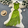 Sexy Backless Knit tassel High Waist Pleated Dress Casual A-line Dress Beach Vestidos Women Evening Party