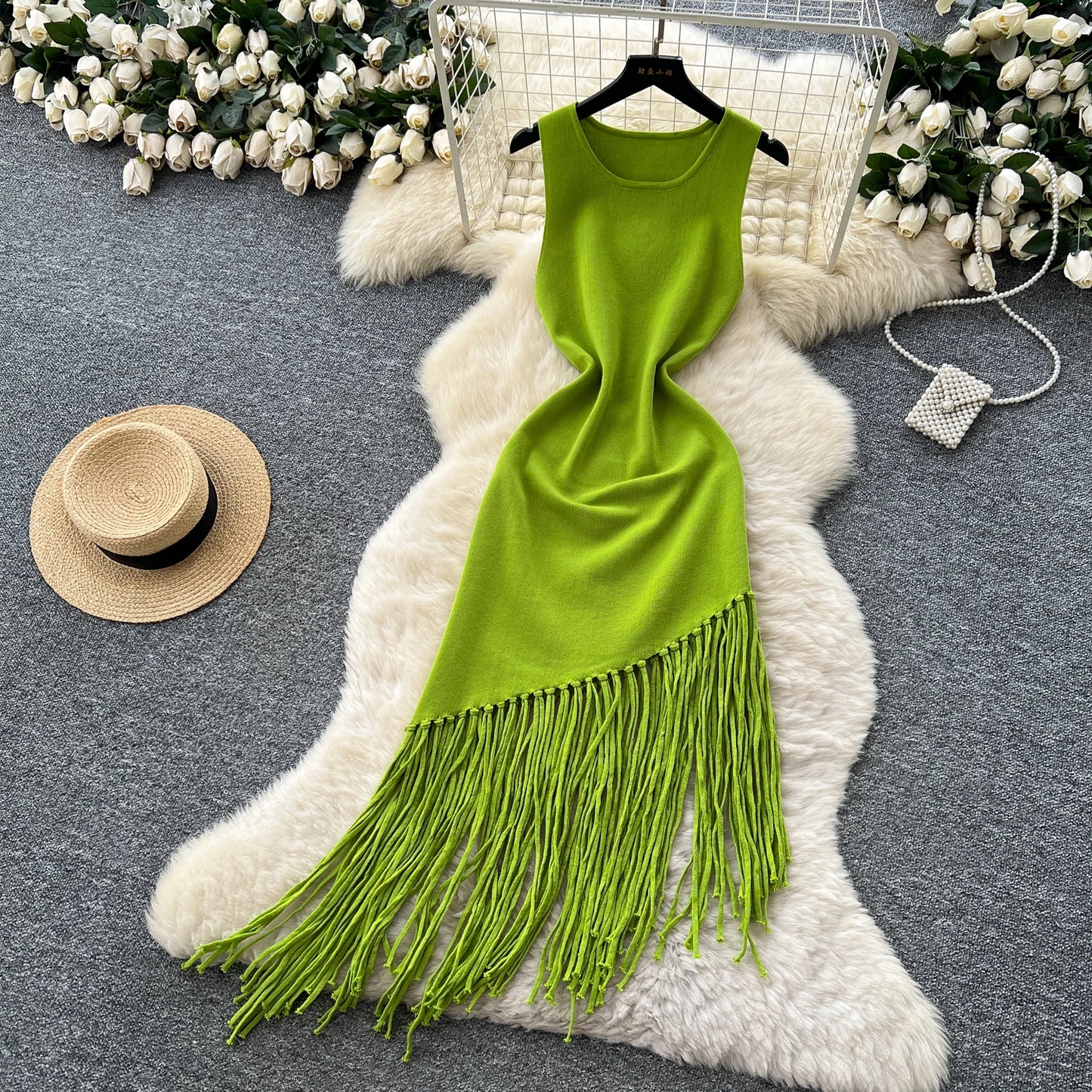 Sexy Backless Knit tassel High Waist Pleated Dress Casual A-line Dress Beach Vestidos Women Evening Party