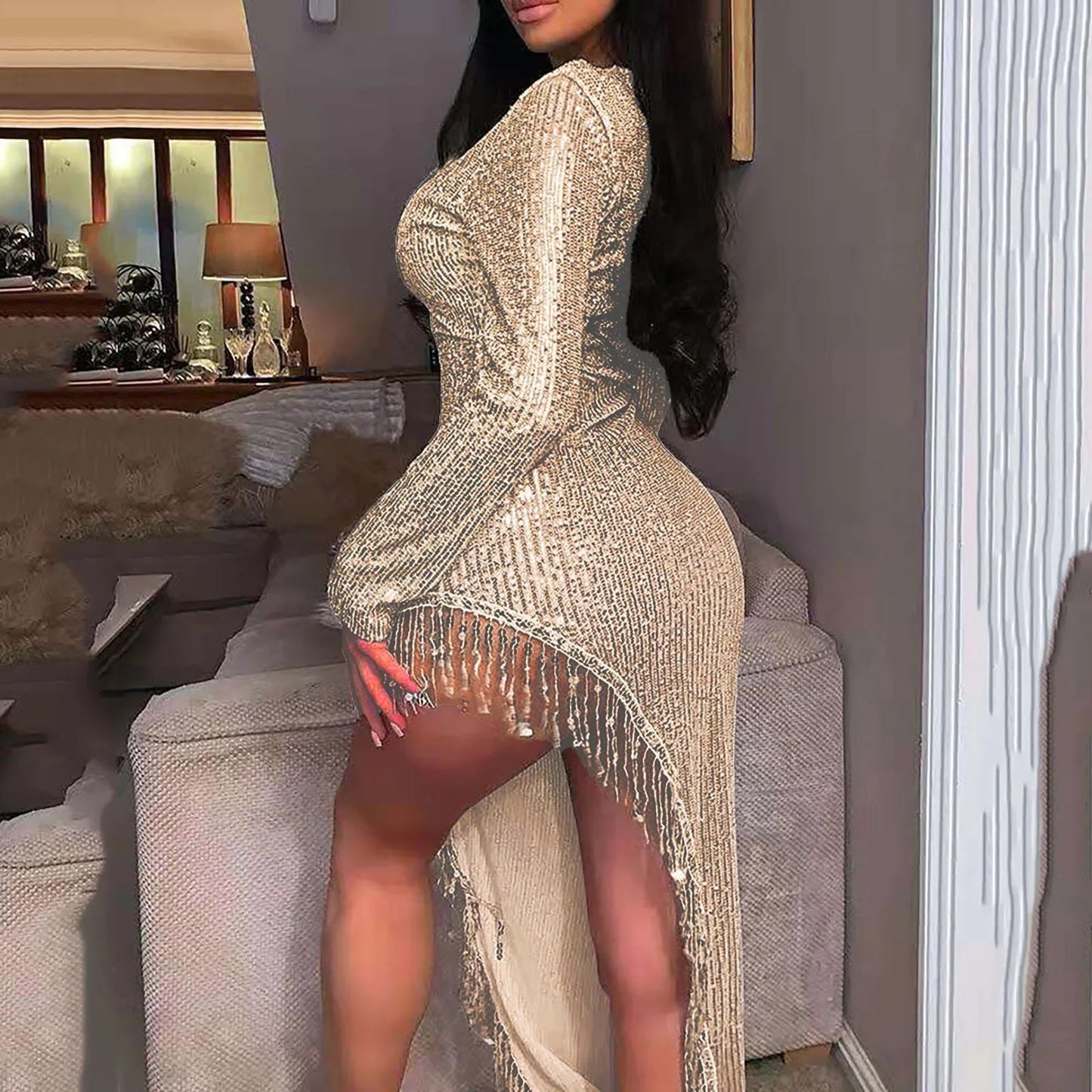 Prom Dresses Women Luxury Long Sleeve Beading Sexy Bodycon Long Dress Irregular Tassels Sequined Evening Party Dress Clubwear