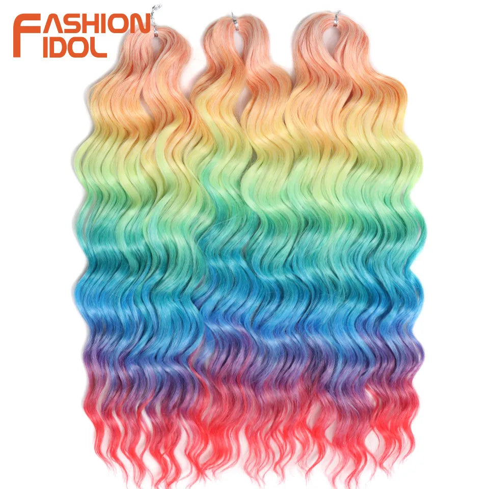 FASHION IDOL 24-Zoll Häkelhaar Synthetische Wasserwelle Flechthaarverlängerungen Ombré Regenbogenfarbe Kunsthaar Deep Wave Lockenhaar