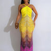 Neue Gradient Strass Tie-Dye Print Neckholder Meerjungfrau Lange Kleider Damen Rückenfrei Ärmellos Schmal Geburtstagsparty Abschlussball Vestidos