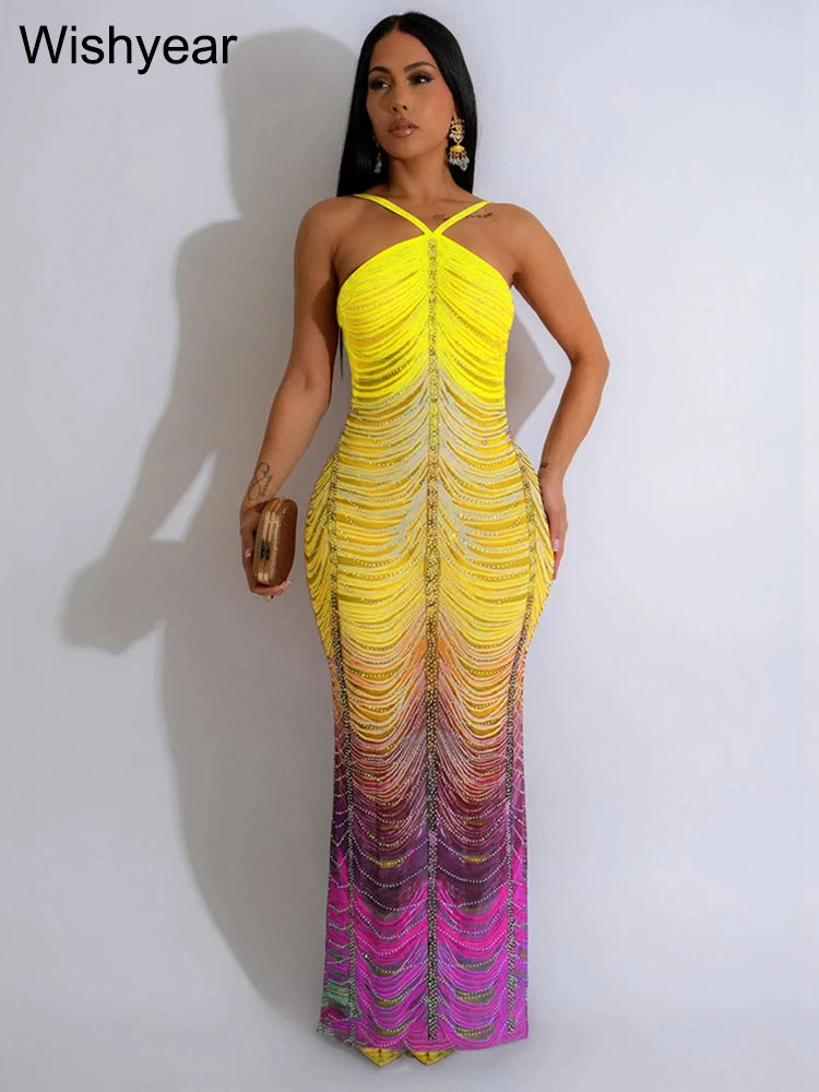 Neue Gradient Strass Tie-Dye Print Neckholder Meerjungfrau Lange Kleider Damen Rückenfrei Ärmellos Schmal Geburtstagsparty Abschlussball Vestidos