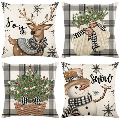 Leinen Weihnachtskissenbezug Schneemann Elch Kissenhülle 2024 Weihnachtsdekoration für Zuhause Neujahr Sofa Auto Kissenbezug 45x45cm
