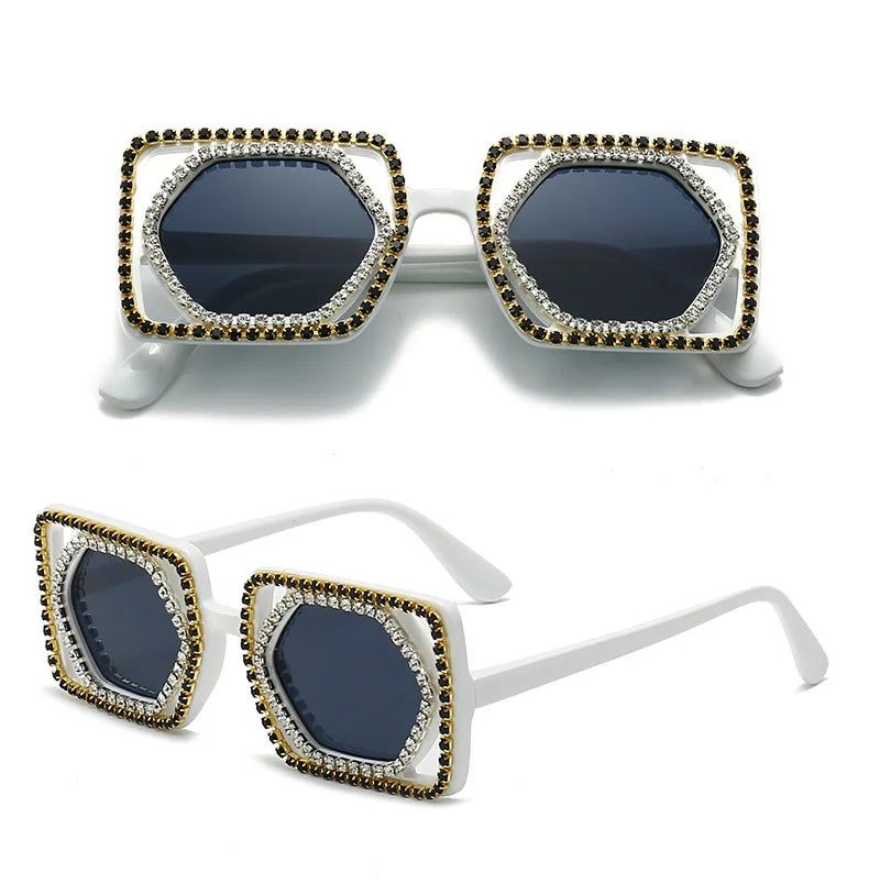 Quadratische Luxus Diamanten Sonnenbrille Damen Punk Mode Strass Sonnenbrille Weiblich Glänzend Sexy Gelbe Linse Brille Schatten Handgemacht