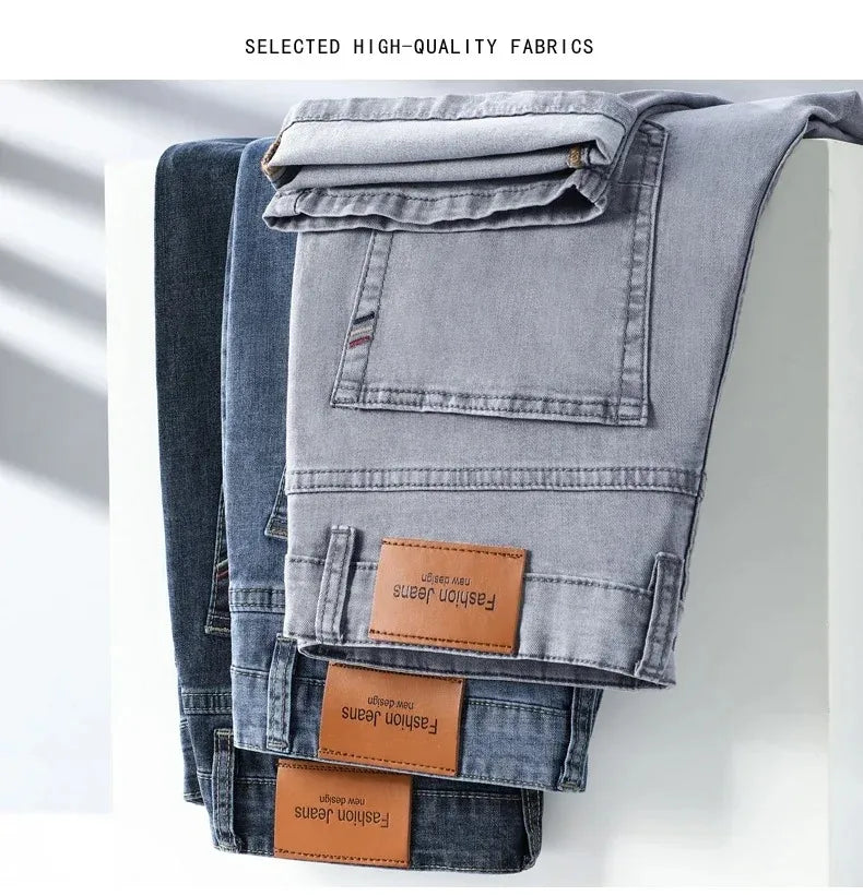 Sommer elastische Herrenjeans Mode Grau Bequeme Business Straight Stretch Baumwolle Casual Denim Hose Marke Männliche Dünne Hosen