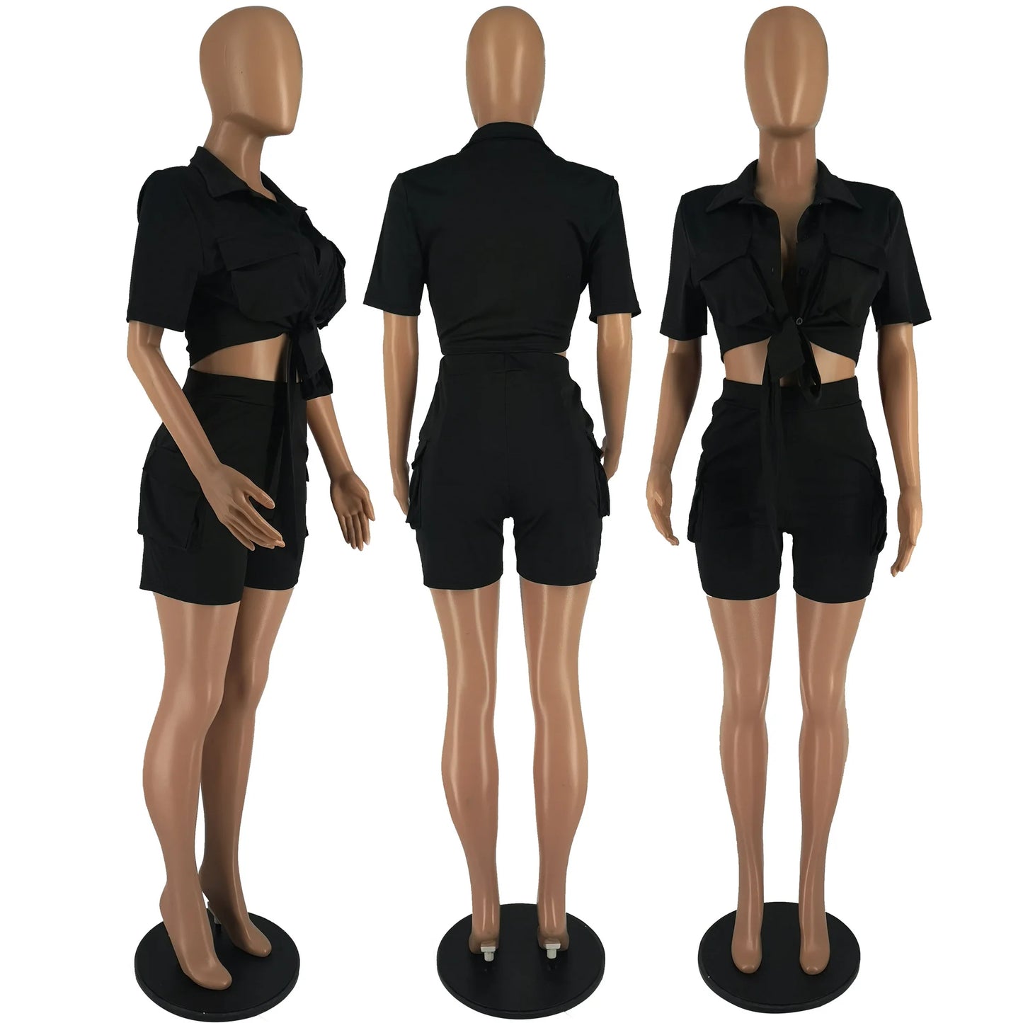 CM.YAYA INS Women's Set Short Sleeve Pocket Front Shirt and Pocket Side Shorts Suit 2023 Cargo Two 2 Piece Set Outfit Tracksuits