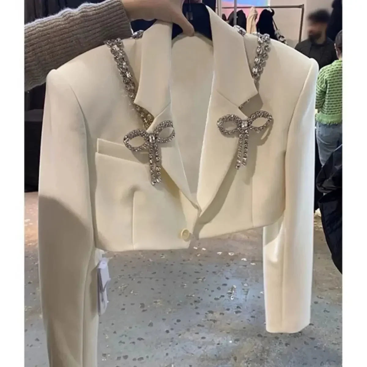 Frühling Sommer Diamanten Perlen Schleife Blazer Mantel 3D Schleife Strass Anzug Jacke Kristallkette Umlegekragen OL Strickjacke Tops