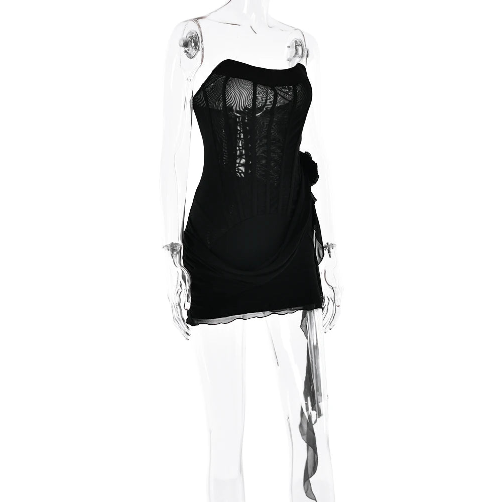 Articat Sexy Trägerloses Bandagenkleid, Zweilagiges Mesh-Patchwork, Damen, Transparent, Blumen-Bänder, Vestidos, Party, Clubwear