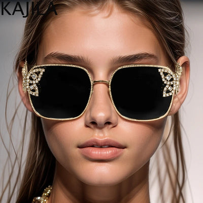 Übergroße quadratische Sonnenbrille Damen Strass Schmetterlingsrahmen Sonnenbrille 2025 Luxusmarke UV400 Schutz Brillen für Damen