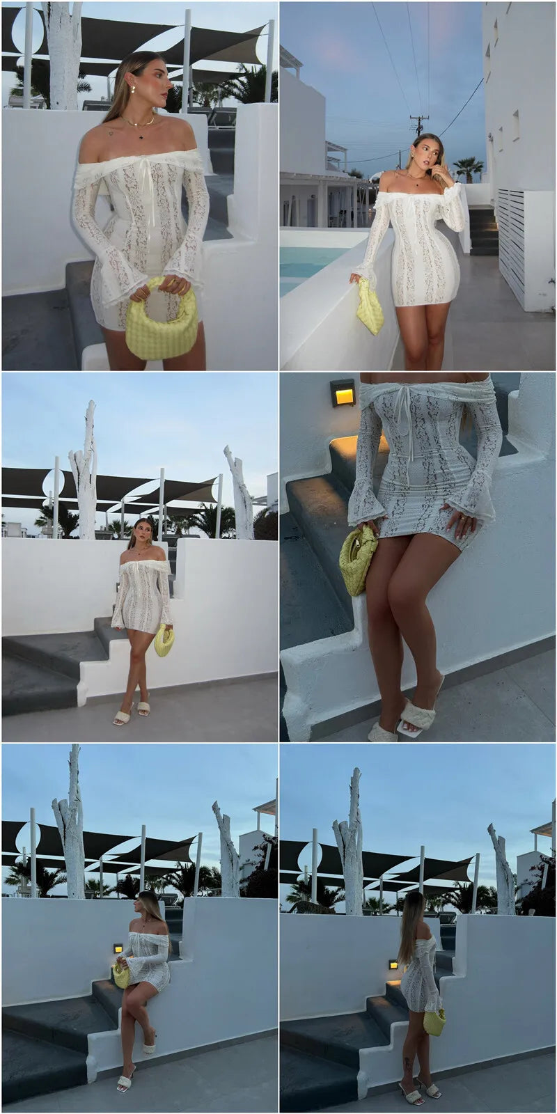 Mozision Blumen-Spitzen-Off-Shoulder Maxikleid für Damen, weiß, trägerlos, rückenfrei, langärmlig, Bodycon, Club, Party, sexy langes Kleid