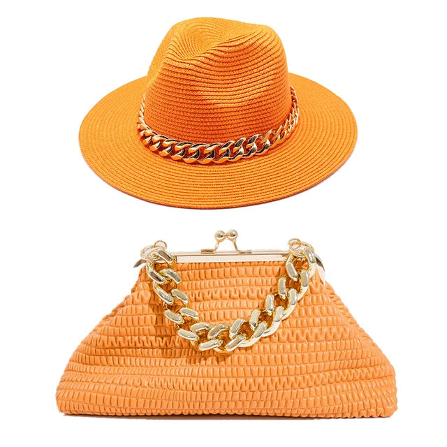 Set Straw Hat and Bag Set Gold Chain Bag Hat Set Ladies Leather Bag Tote Church Fedora Party Jazz Straw Hat