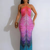 Neue Gradient Strass Tie-Dye Print Neckholder Meerjungfrau Lange Kleider Damen Rückenfrei Ärmellos Schmal Geburtstagsparty Abschlussball Vestidos