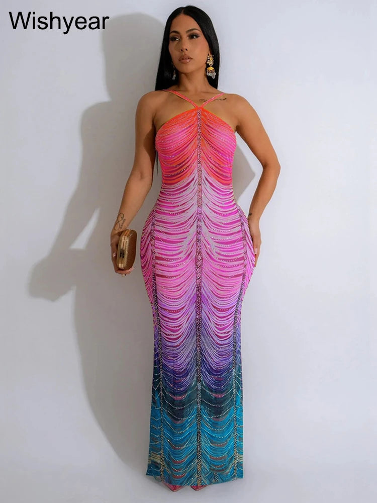 Neue Gradient Strass Tie-Dye Print Neckholder Meerjungfrau Lange Kleider Damen Rückenfrei Ärmellos Schmal Geburtstagsparty Abschlussball Vestidos