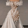 3D-Spitzen-Hochzeitskleider 2025 schulterfrei weiße Brautkleider mit abnehmbarer Schleppe Applikationen Hochzeitskleid individuell anpassbar