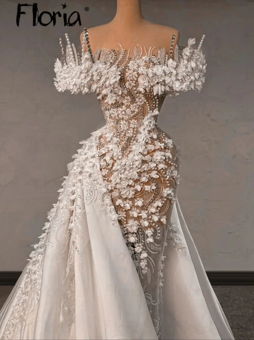 3D-Spitzen-Hochzeitskleider 2025 schulterfrei weiße Brautkleider mit abnehmbarer Schleppe Applikationen Hochzeitskleid individuell anpassbar