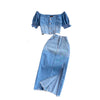 Women Denim 2 Piece Sets Long Skirt Top Suit Skirts Tops Single Breasted Outfits Washed Distressed 2025 Summer Casual Ensemble