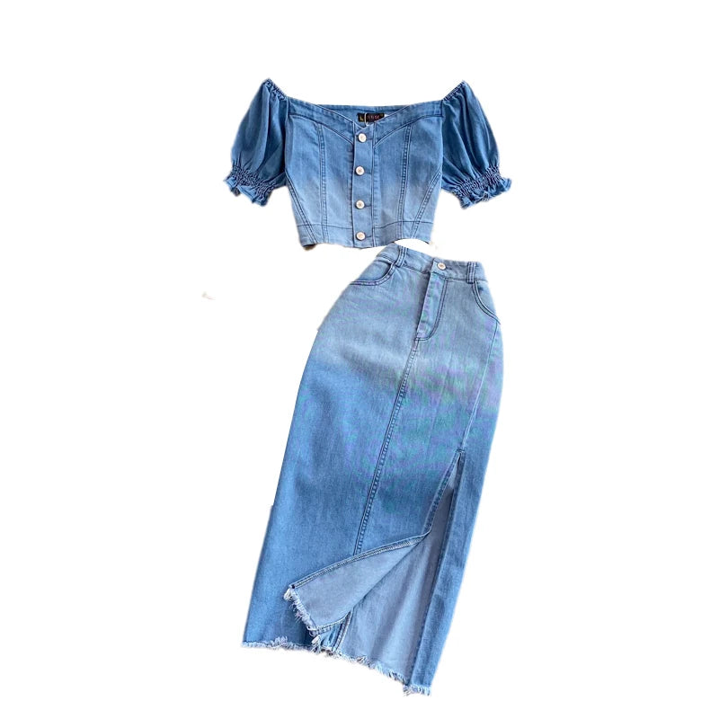 Women Denim 2 Piece Sets Long Skirt Top Suit Skirts Tops Single Breasted Outfits Washed Distressed 2025 Summer Casual Ensemble