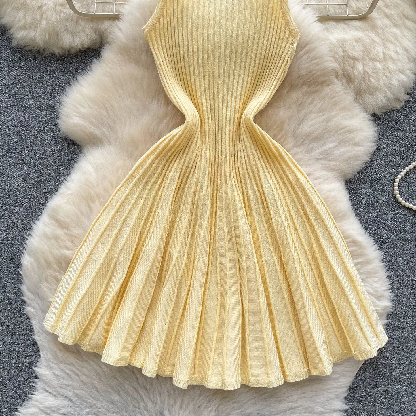 Joskaa 2026 Autumn Retro Striped Knit Dress Women Elegant Pleated Waist Slim Low Cut Sleeveless A-line Slip Dress Streetwear