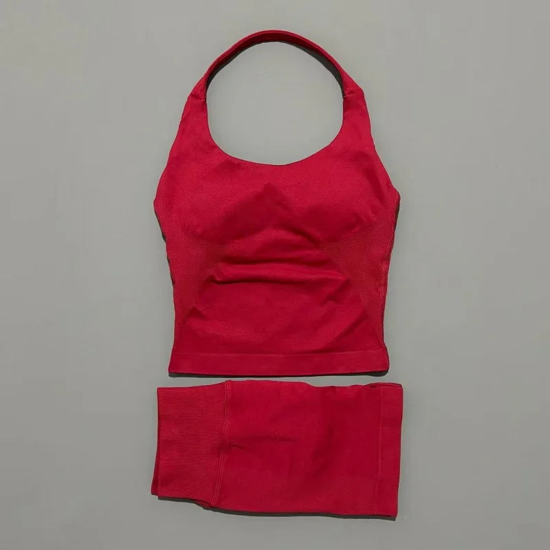 2 Pieces Sports Set Women Backless Halter Tops High Waist Seamless Hight Stretch Shorts Gym Suit Sportswear Workout Sets