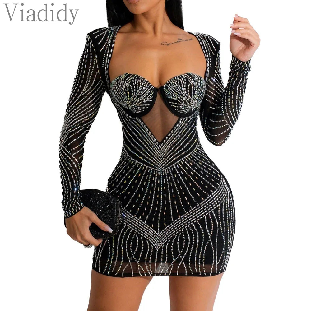 Damen sexy durchsichtiges Mesh-Strass-Dekor Langarm Skinny Partykleid