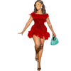 Frühlings- und Sommer-Damenkleidung MINI Kurzes einfarbiges neues Wind-Pailletten-Neckholder-Strandkleid One-Shoulder-Federn Spice G