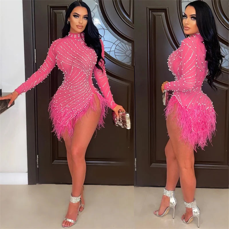 Sexy Perlen Strass Partykleider Damen Eleganz Nachtclub Feder Geburtstagskleid Langarm Mesh Sheer Bodycon Minikleid